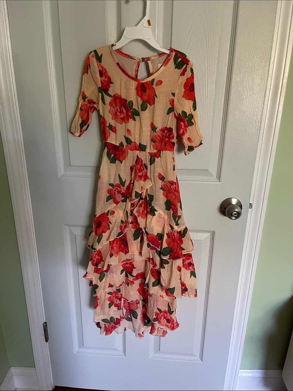 Girls Cream High-Low Dress with Red Rose Print